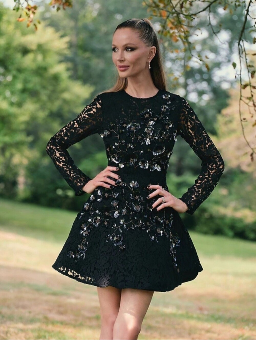 Muse by Marchesa Iris Schiffli Lace Floral Embroidered Round Neck Mini Dress